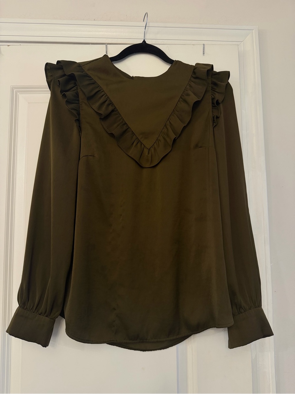 Olive Green Ruffle V-Yoke Long Sleeve Women's Top